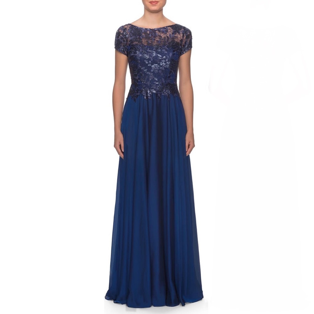 LA FEMME Floral Lace & Sequin Sparkle Satin Gown NEW Navy Size 4 Dress